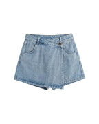 Women's denim skirt-shorts with an asymmetrical overlay