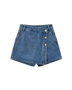 Women's denim skirt-shorts with a pleat and three silver snaps