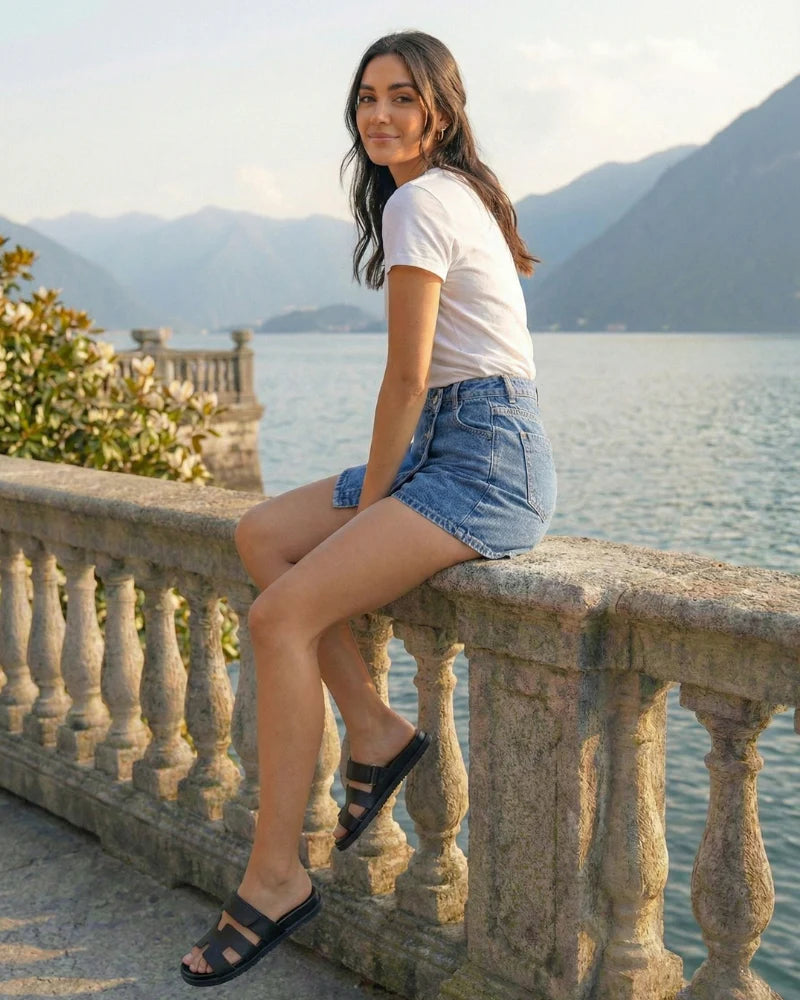 Women's denim skirt-shorts with a pleat and three silver snaps