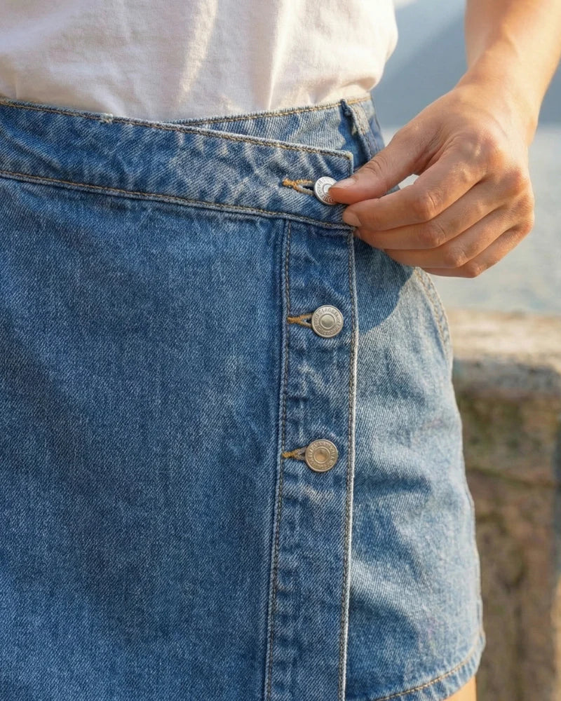 Women's denim skirt-shorts with a pleat and three silver snaps