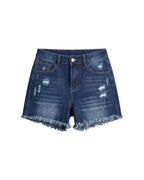 Women's denim shorts with distressing and a frayed hem