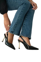Women's patent stiletto heels with open heel, pointed toe, and gold heel