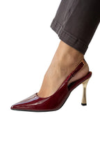 Women's patent stiletto heels with open heel, pointed toe, and gold heel