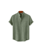 Men's shirt with short sleeves and a stand collar with a chest pocket