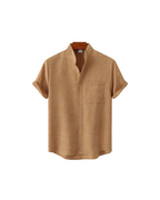 Men's shirt with short sleeves and a stand collar with a chest pocket