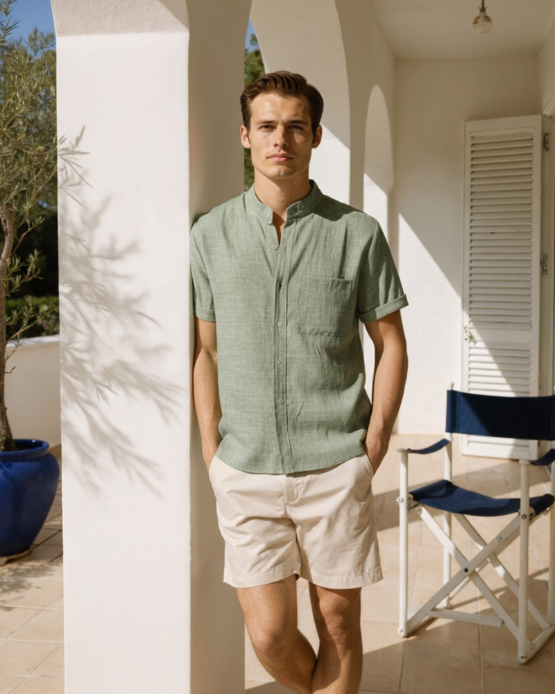 Men's shirt with short sleeves and a stand collar with a chest pocket