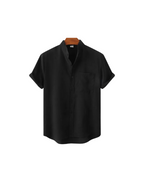 Men's shirt with short sleeves and a stand collar with a chest pocket