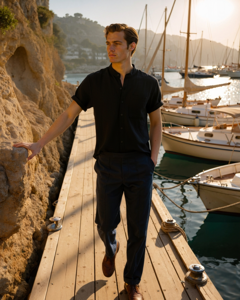 Men's shirt with short sleeves and a stand collar with a chest pocket