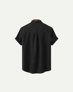 Men's shirt with short sleeves and a stand collar with a chest pocket