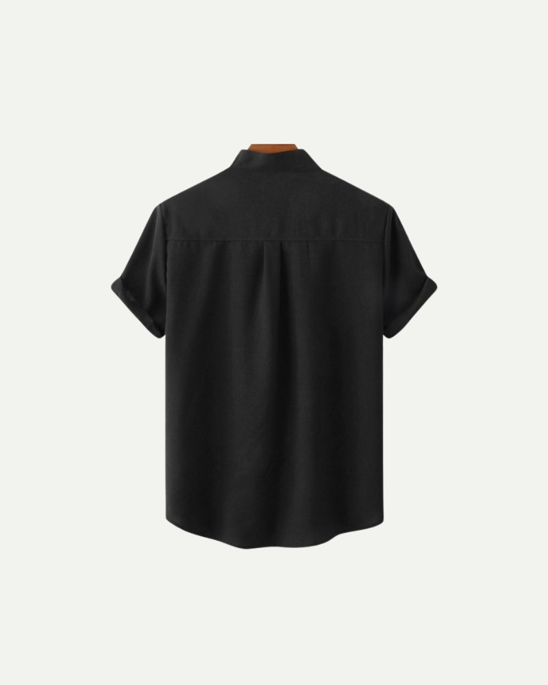Men's shirt with short sleeves and a stand collar with a chest pocket