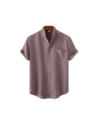 Men's shirt with short sleeves and a stand collar with a chest pocket