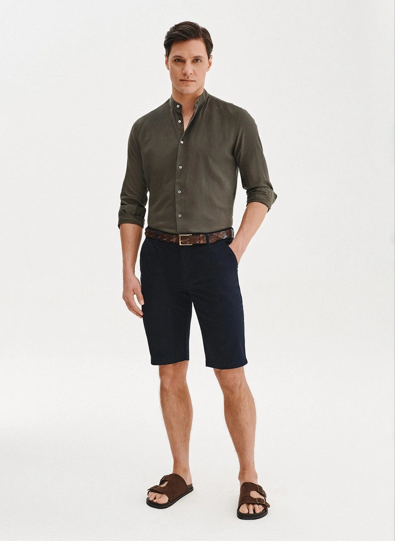 Men's shirt with a stand collar and long sleeves with buttons