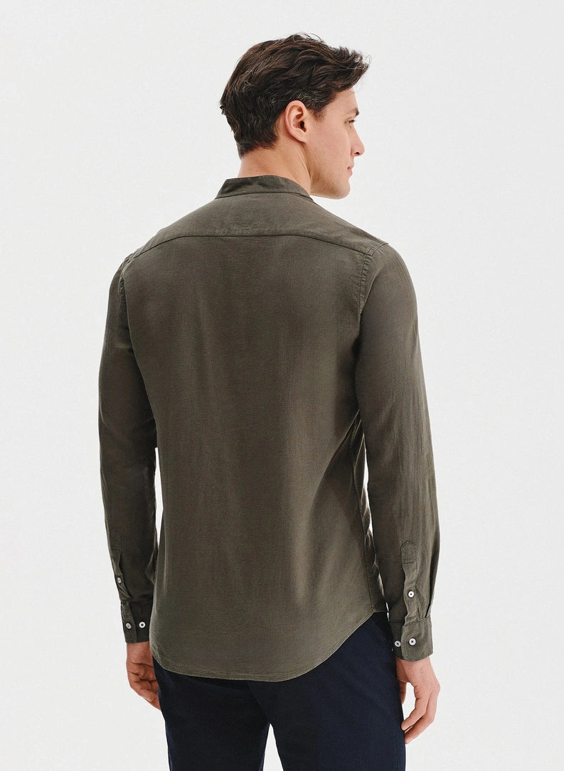 Men's shirt with a stand collar and long sleeves with buttons