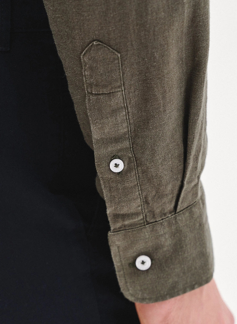 Men's shirt with a stand collar and long sleeves with buttons