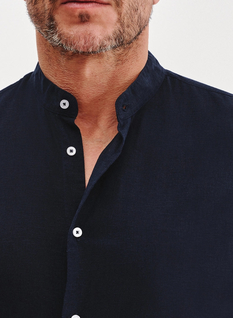 Men's shirt with a stand collar and long sleeves with buttons