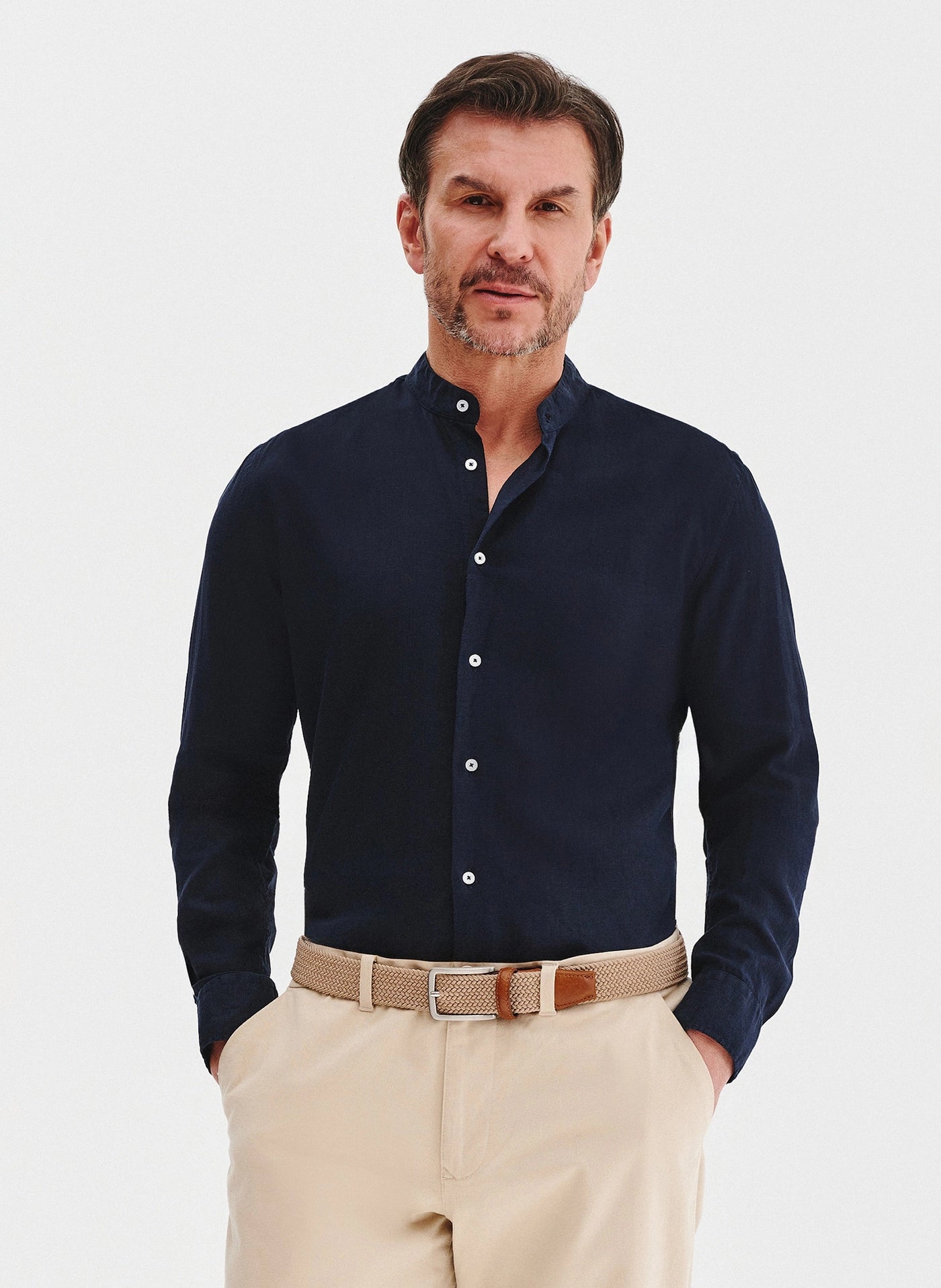 Men's shirt with a stand collar and long sleeves with buttons