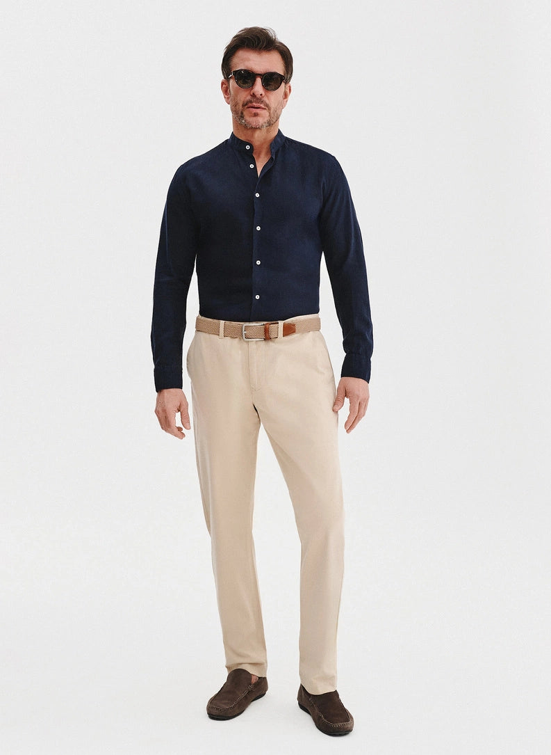 Men's shirt with a stand collar and long sleeves with buttons