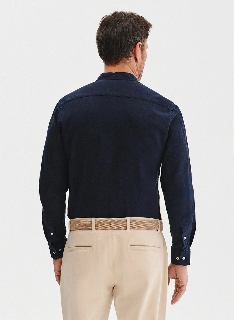 Men's shirt with a stand collar and long sleeves with buttons