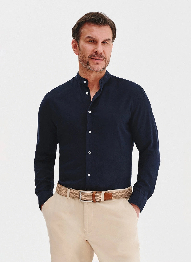 Men's shirt with a stand collar and long sleeves with buttons