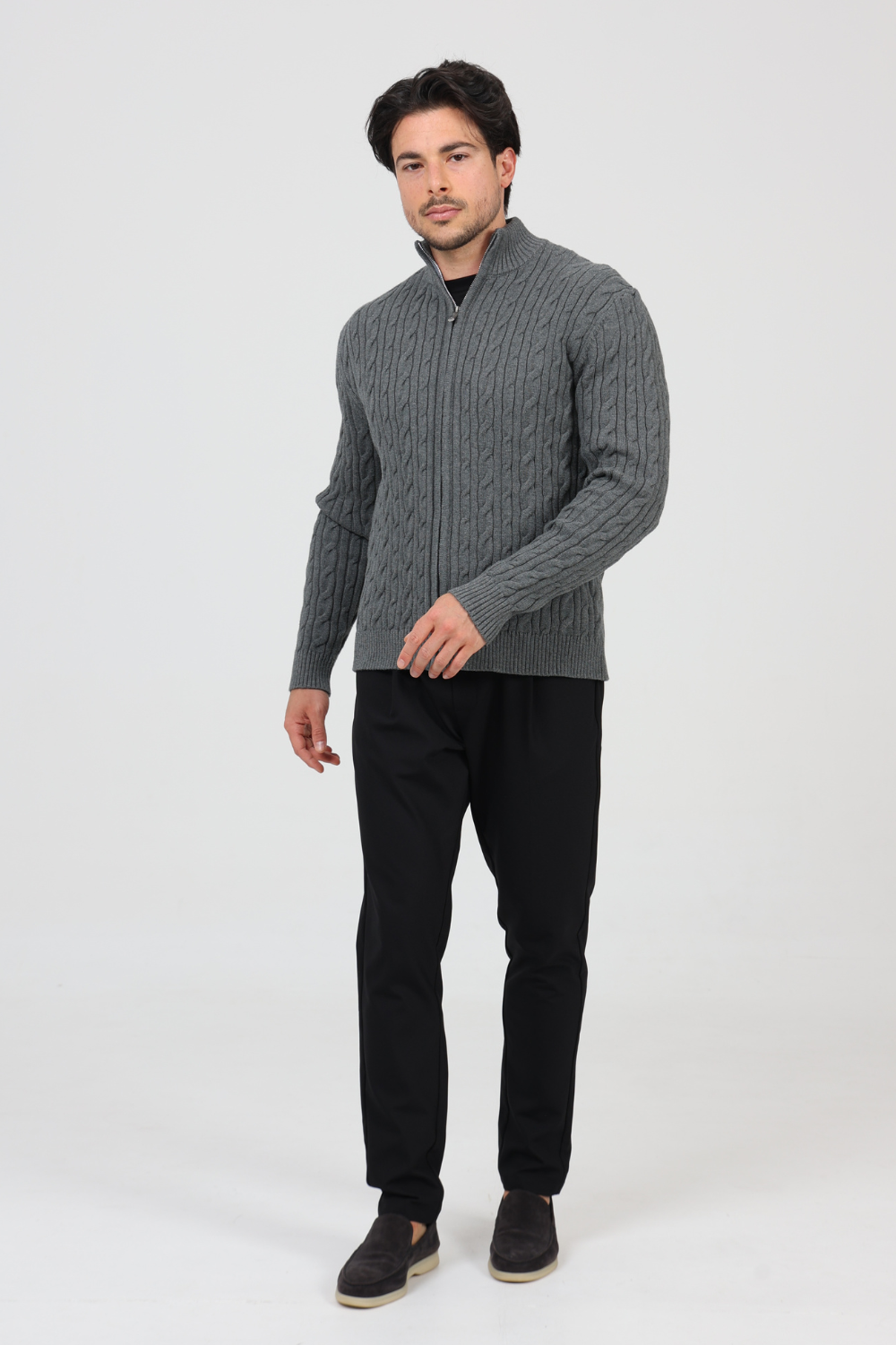 Męski Sweter Rozpinany na Zamek w Warkoczowy Splot ze Stójką 9