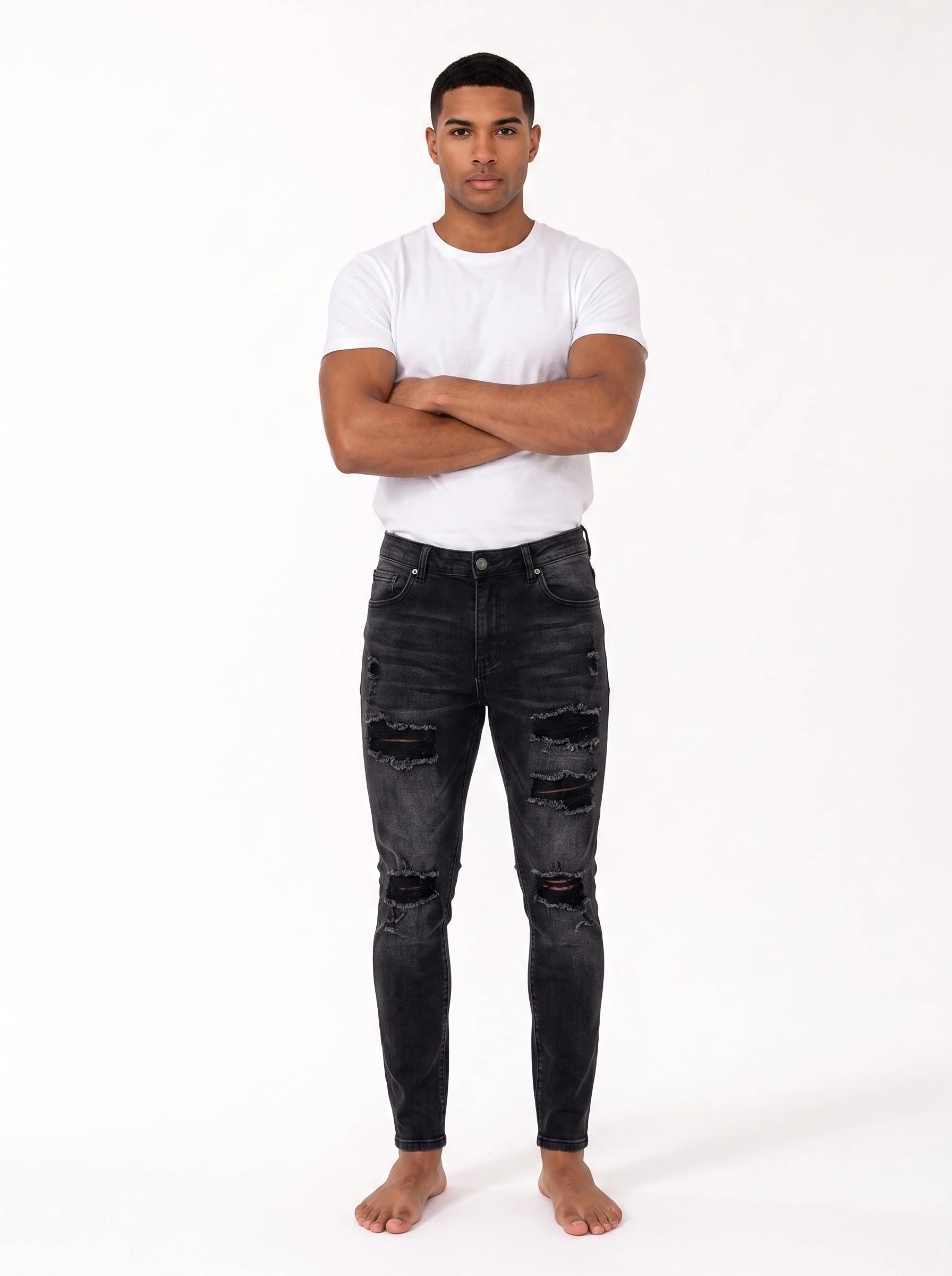 Męskie jeansy skinny z przetarciami – widok z przodu, czwarty wariant