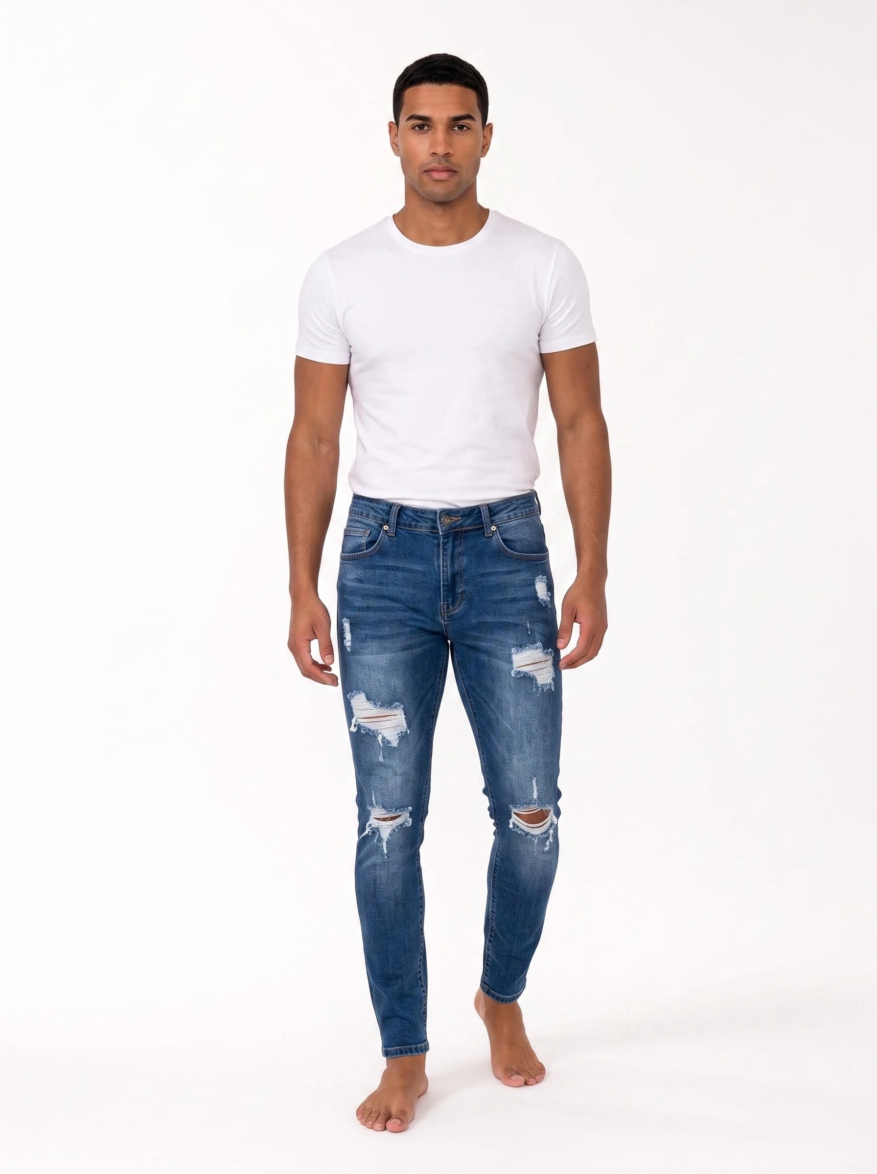 Męskie jeansy skinny z przetarciami – widok z przodu, trzeci wariant
