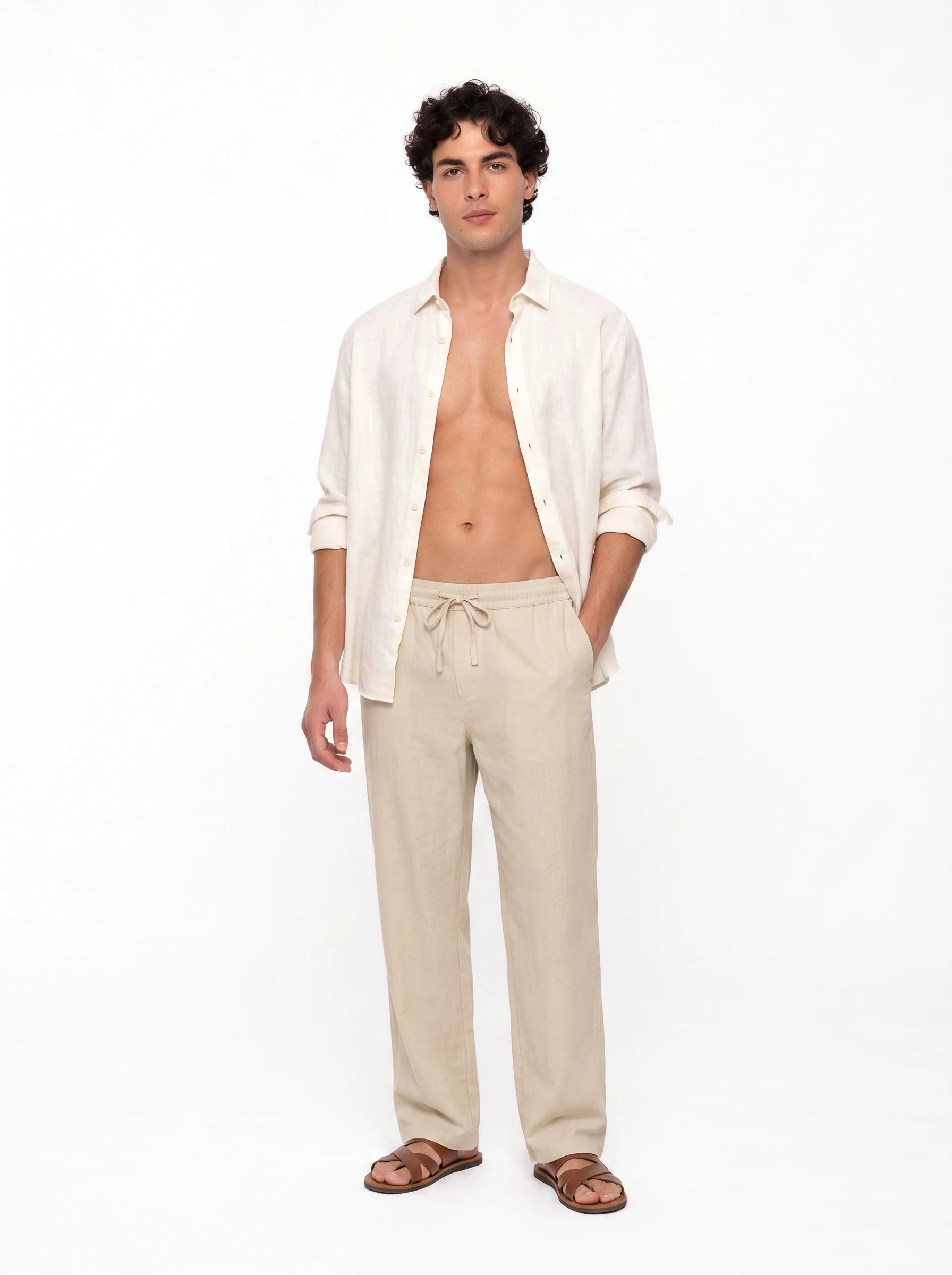 Męskie spodnie lniane beżowe - całość