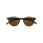 Unisex sunglasses with round brown lenses and an olive frame