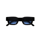 Unisex sunglasses with a rectangular frame and blue lenses