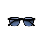 Unisex sunglasses with a wide flat frame and blue lenses