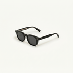 Unisex sunglasses with a wide flat frame and blue lenses