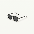Unisex sunglasses with a wide flat frame and blue lenses