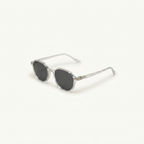 Unisex sunglasses with a wide flat frame and blue lenses