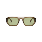 Unisex sunglasses with a wide flat frame and blue lenses