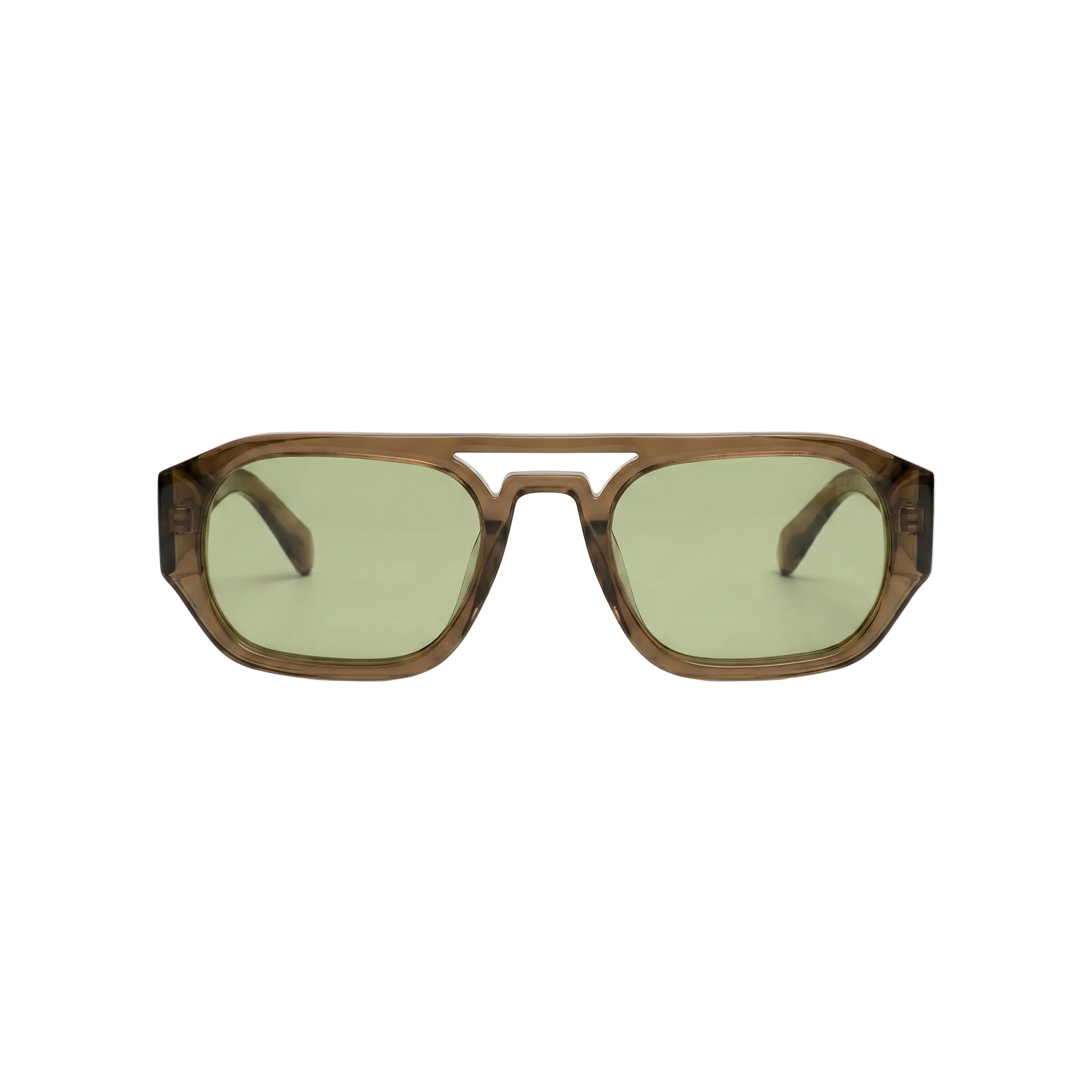 Unisex sunglasses with a wide flat frame and blue lenses