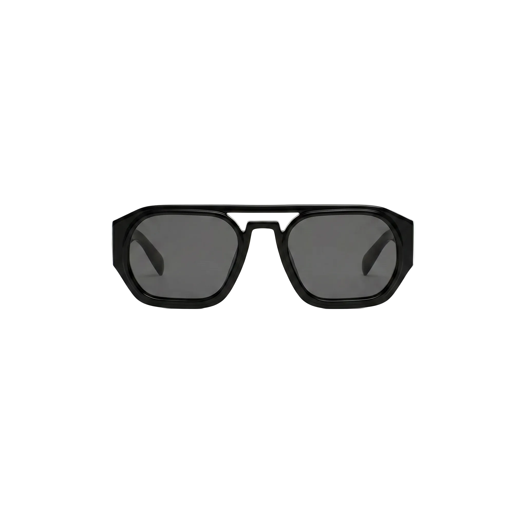 Unisex sunglasses with a wide flat frame and blue lenses