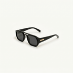 Unisex sunglasses with a wide flat frame and blue lenses