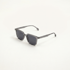 Unisex sunglasses with a wide flat frame and blue lenses