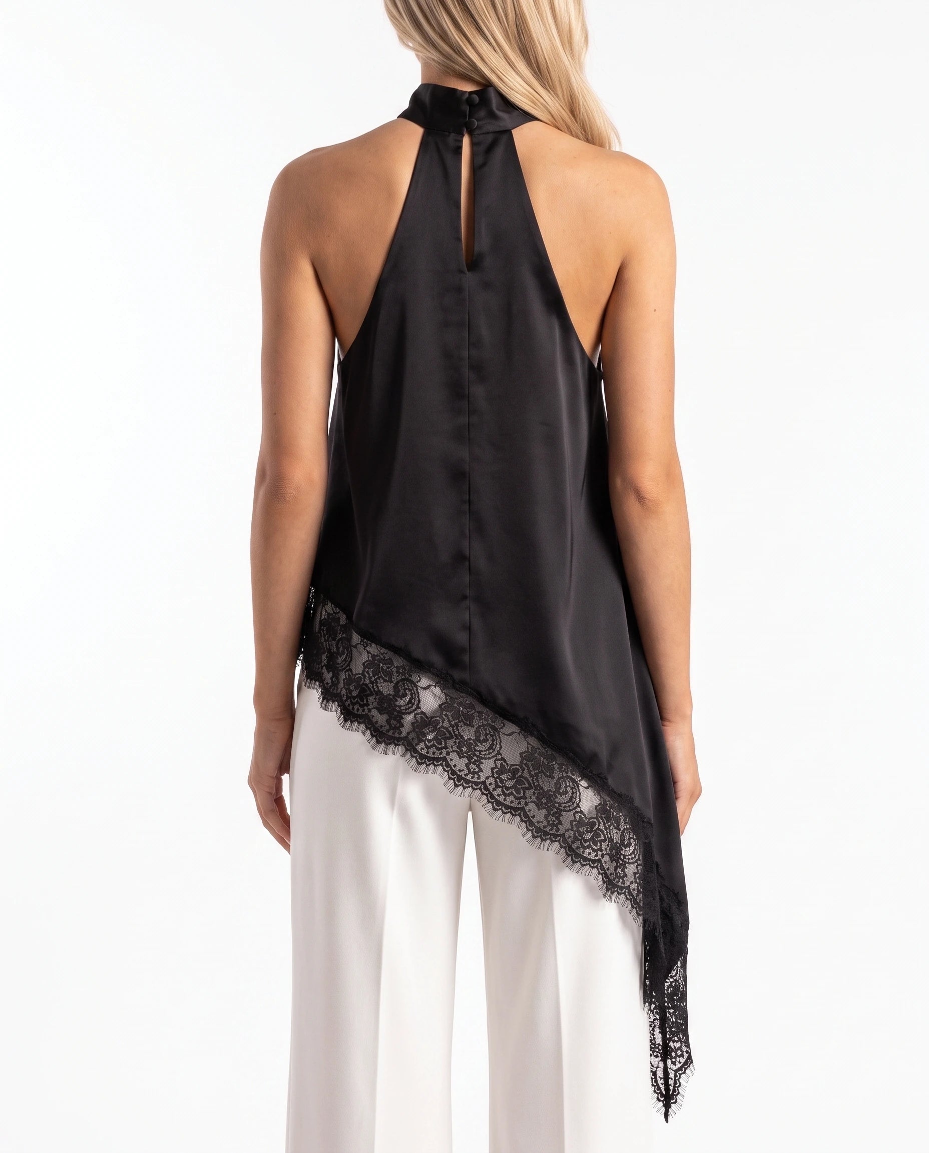 Damski Top Asymetryczny z Koronkowym Wykończeniem i Odkrytymi Plecami 3