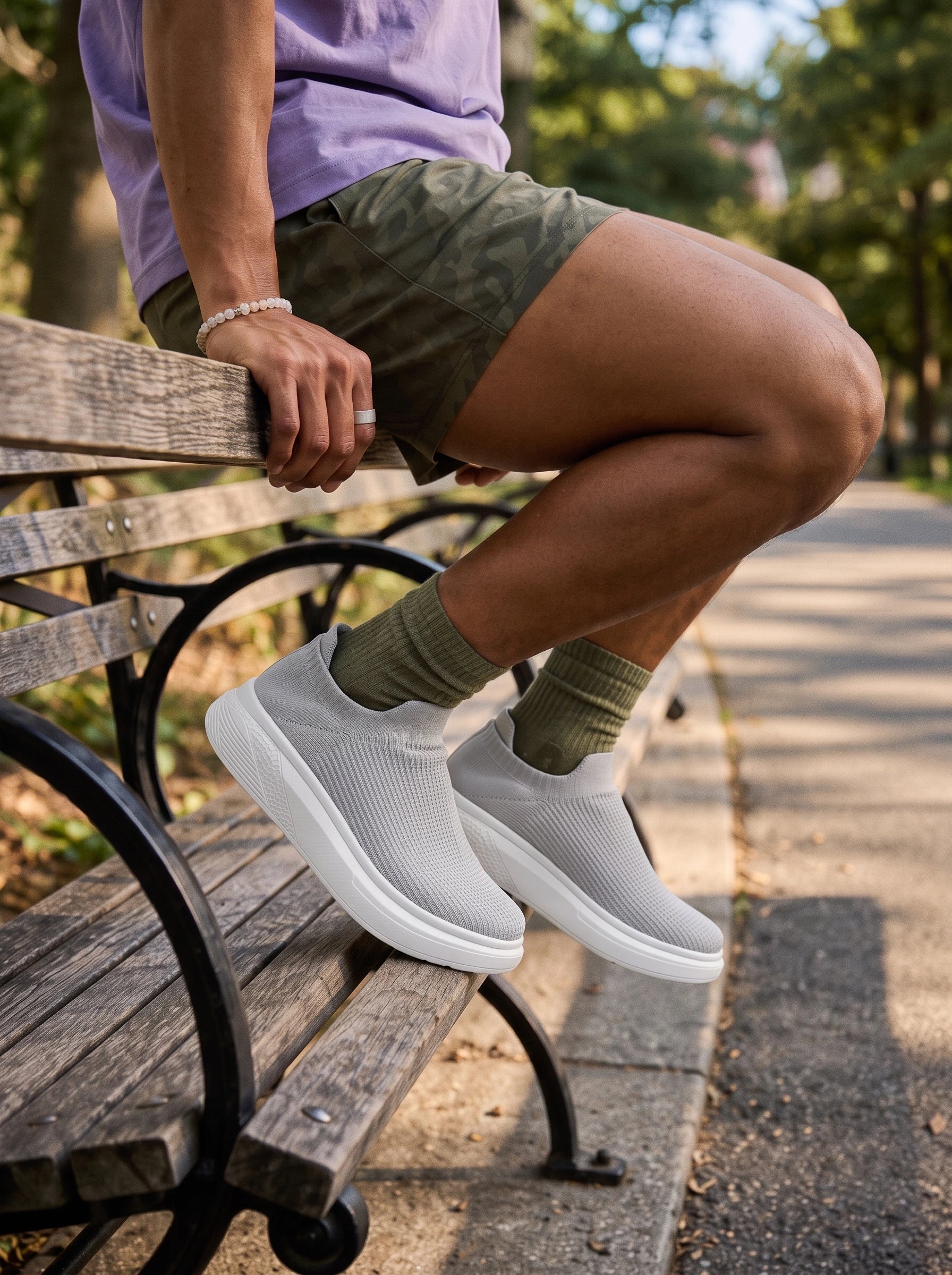 Męskie Sneakersy Wsuwane z Dzianiny na Grubej Białej Podeszwie 12