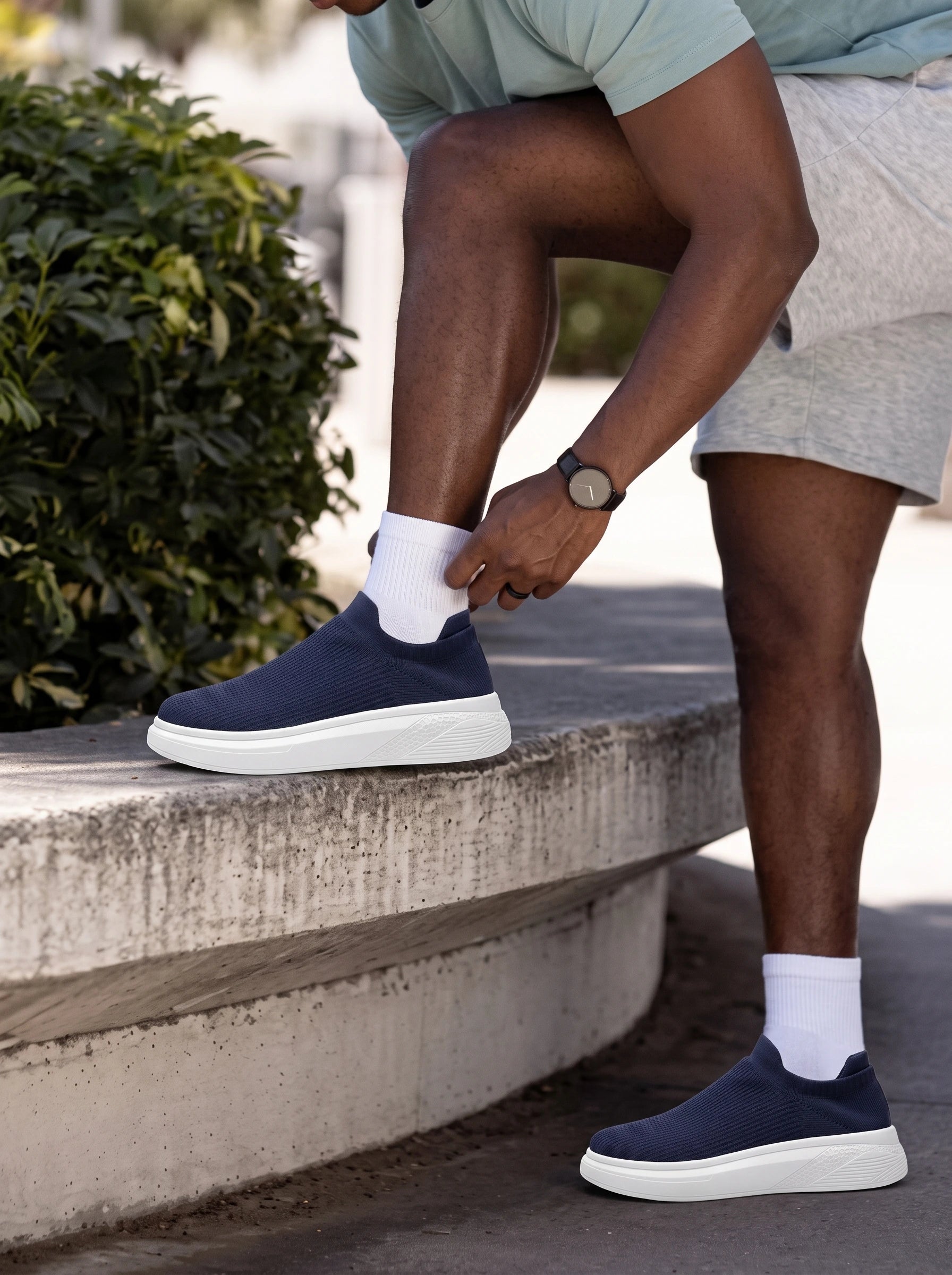 Męskie Sneakersy Wsuwane z Dzianiny na Grubej Białej Podeszwie 4