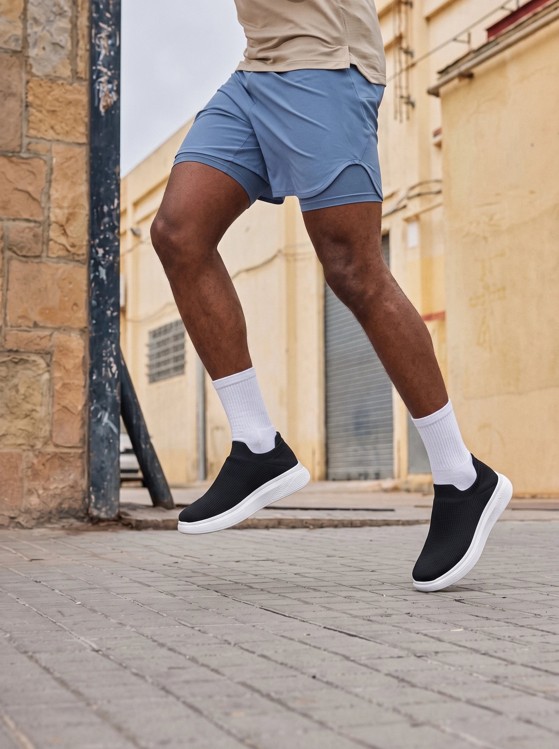 Męskie Sneakersy Wsuwane z Dzianiny na Grubej Białej Podeszwie 8